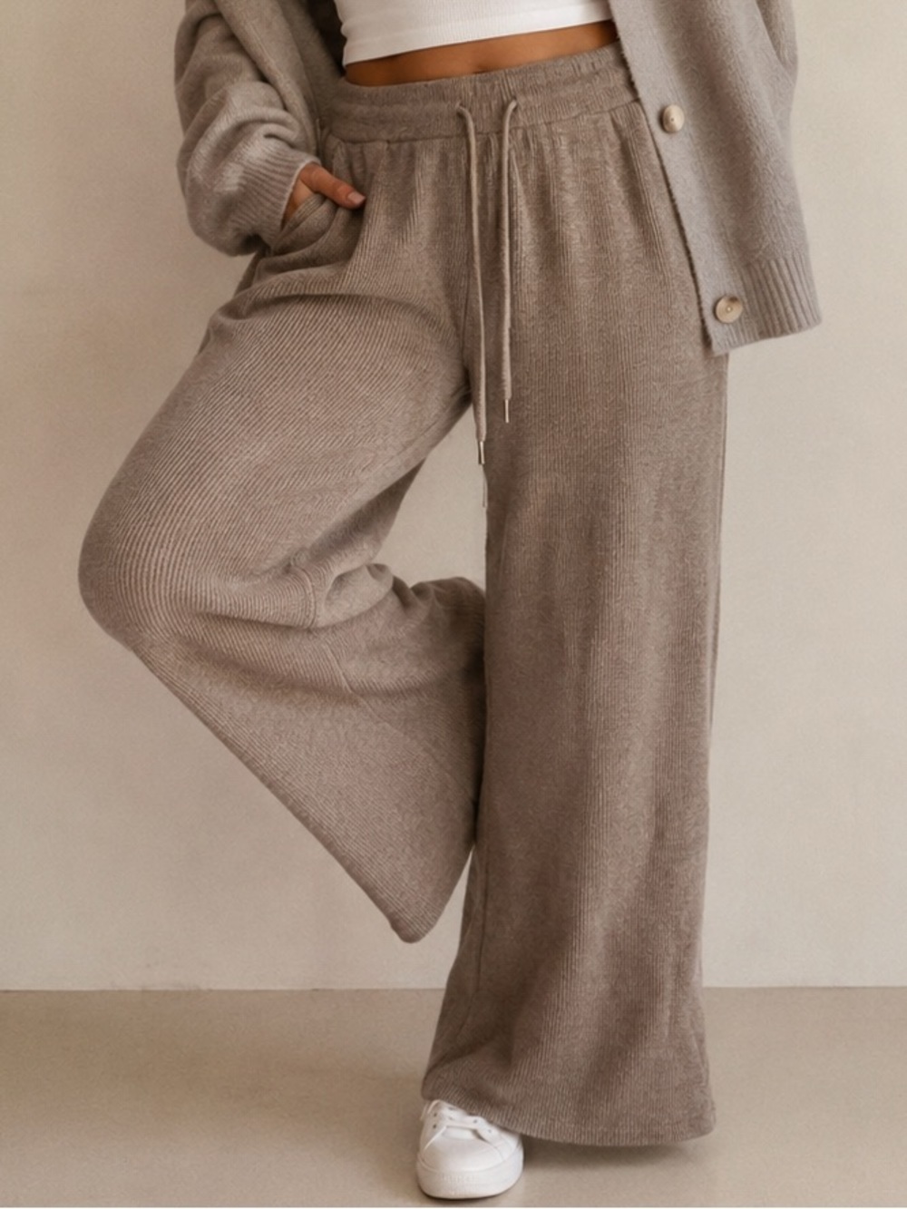 ShoSho Cozy Taupe Knit Wide-Leg Lounge Pants